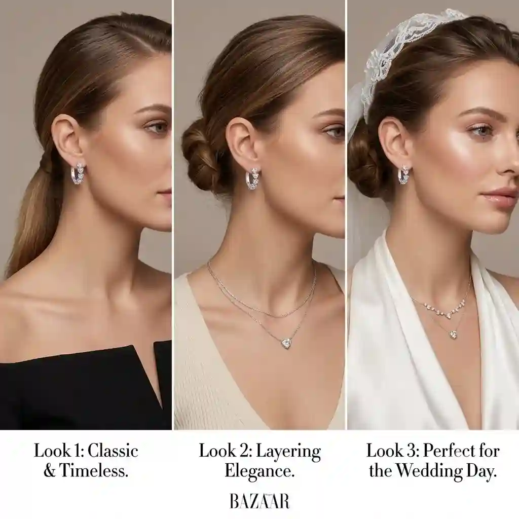 A sophisticated styling guide composition featuring the heart-shaped moissanite earrings styled in three different ways. A woman's ear and neck area is shown from a 3/4 profile view. The first styling: the heart earrings worn alone, paired with an elegant off-shoulder top — classic and timeless. The second styling: the earrings stacked with a delicate fine chain necklace featuring a small heart or diamond pendant — layering elegance. The third styling: the earrings combined with a bridal white lace or satin look — perfect for the wedding day. The images are presented in a triptych layout or as a single composite showing three looks. The background is soft and neutral to keep focus on the jewelry and styling. The tone is aspirational, wearable, and editorial. Harper's Bazaar style. 8K ultra HD.