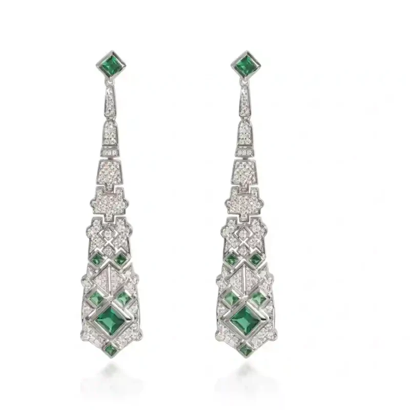 Stunning Green Drop Earrings 925 Sterling Silver - 5A Green Zirconia Art Deco Geometric Dangle Earrings MIRAMETAL