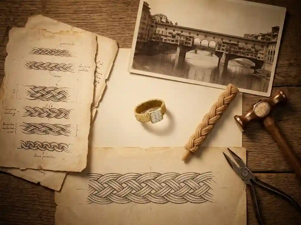 Design inspiration board with woven gold ring, Renaissance jewelry sketches of braided patterns, Florence goldsmith heritage