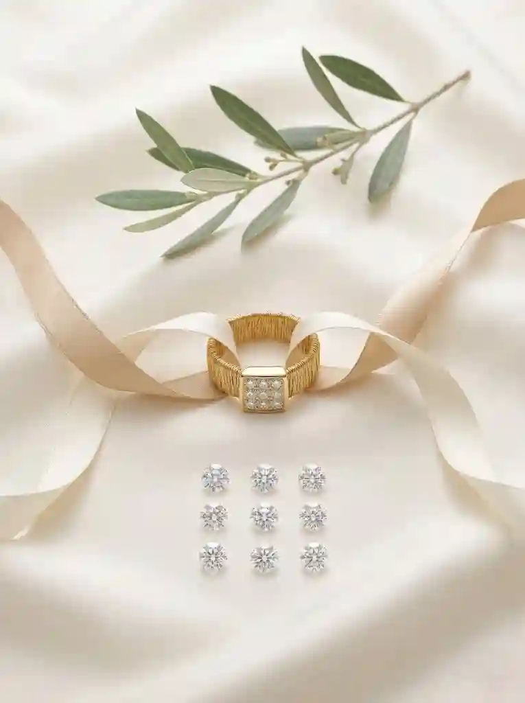 Symbolic still life with woven ring and intertwined ribbons, nine gemstones representing enduring love and unity