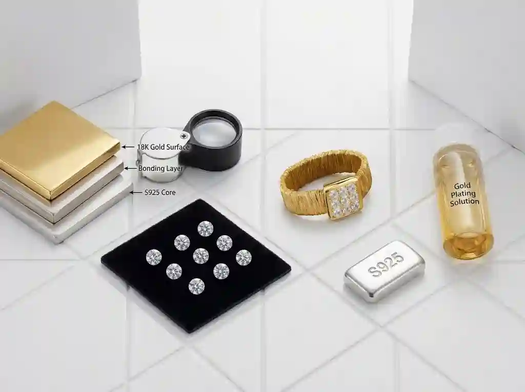 Material breakdown of woven gold ring showing S925 silver core, 18K gold plating layers and nine loose gemstones