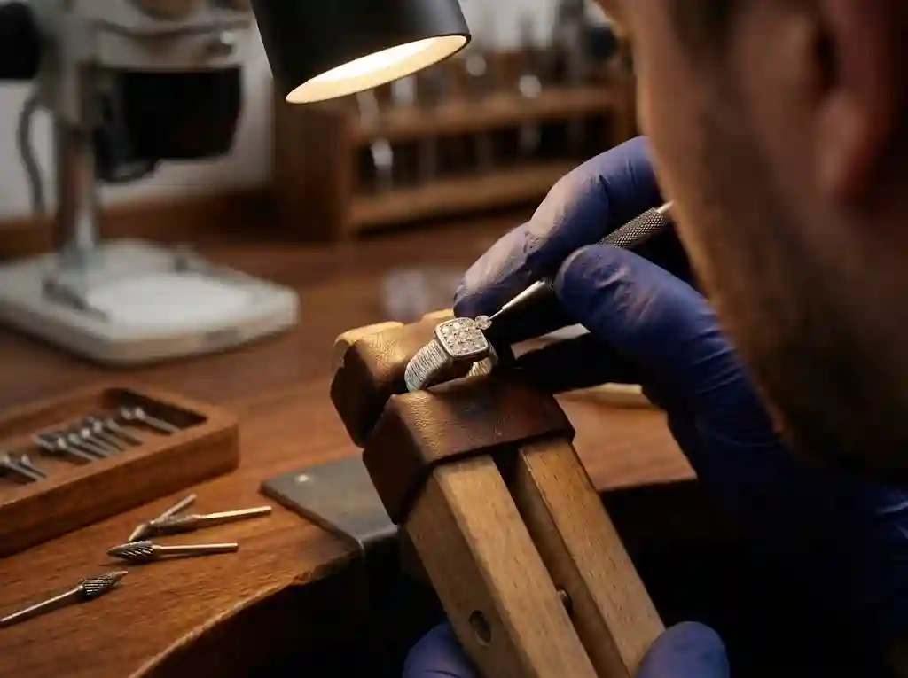 Artisan hands setting gemstones into woven gold ring square panel using traditional jewelry technique in workshop
