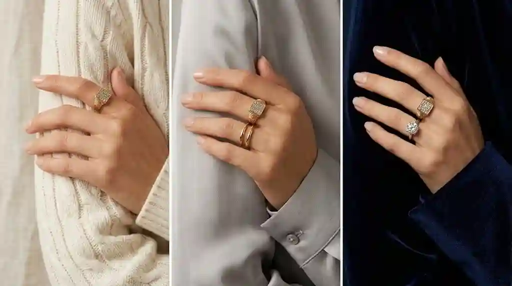 Three styling looks with woven gold ring featuring square gemstone grid worn solo, stacked and paired with solitaire