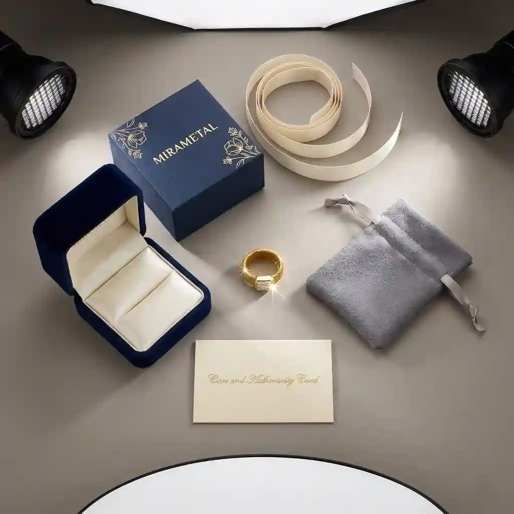 MIRAMETAL luxury unboxing of woven gold ring with square gemstone panel, navy velvet box and gold foil branding