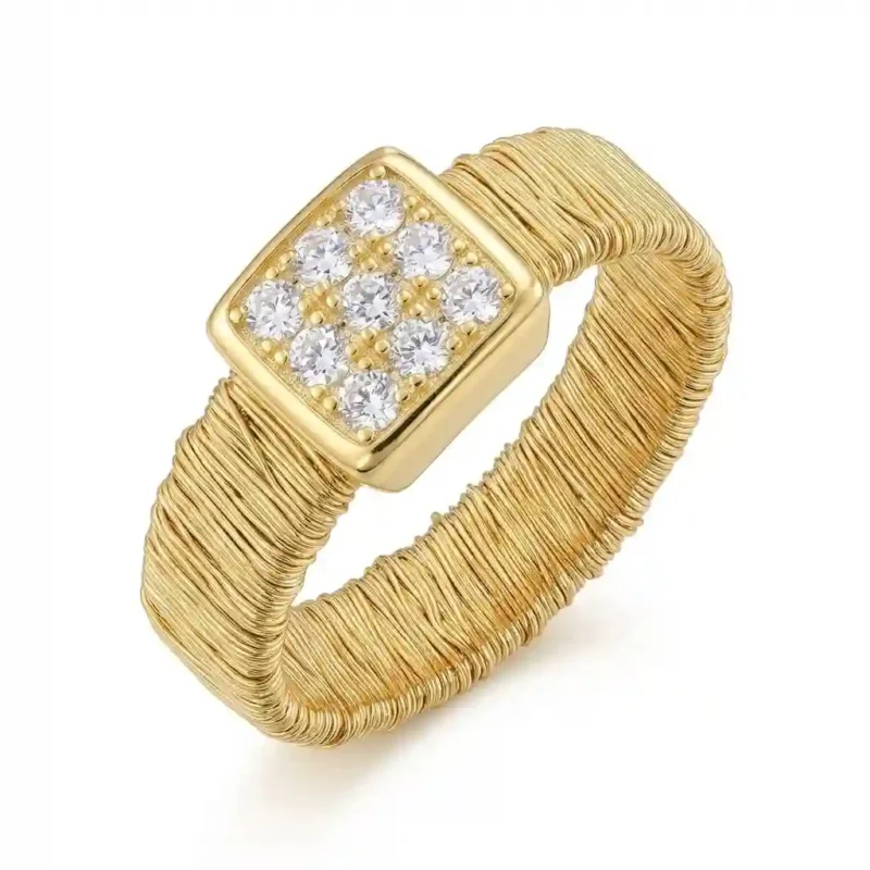 Exquisite Italian Woven Ring Jewelry - 18k Gold - 18K gold plated flat band with full zirconia by MIRAMETAL.