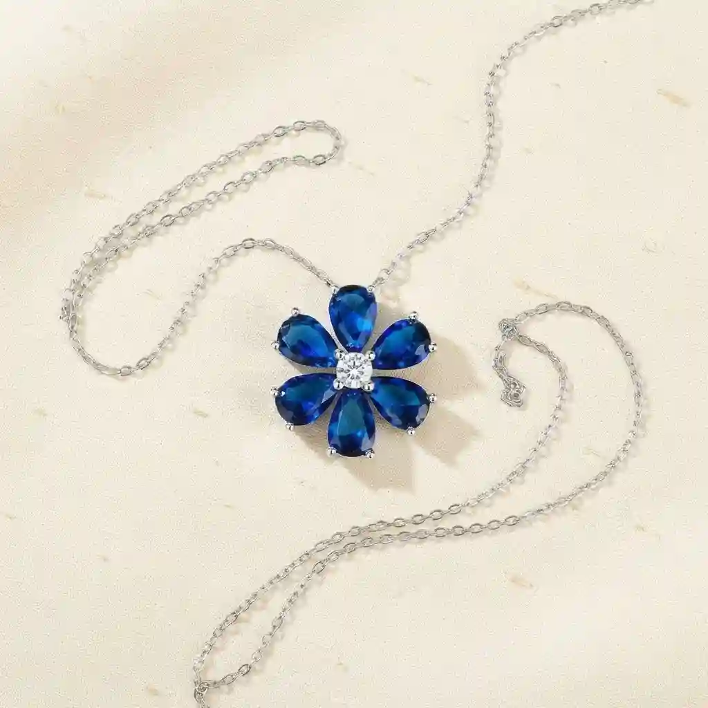 Daisy Flower Necklace 925 Sterling Silver - MIRAMETAL six blue teardrop petal CZ flower pendant flat lay design story