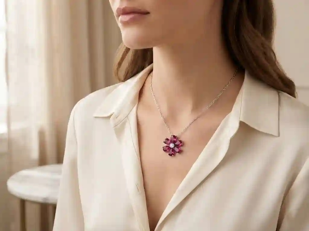 Daisy Flower Necklace 925 Sterling Silver - MIRAMETAL model wearing dainty blue floral pendant casual spring styling