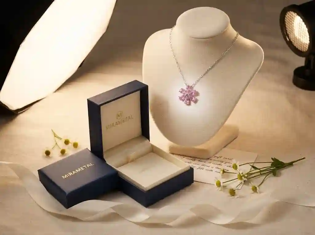 Daisy Flower Necklace 925 Sterling Silver - MIRAMETAL luxury gift box packaging with six-petal blue CZ floral pendant unboxing experience