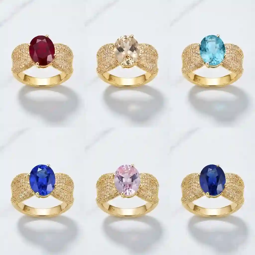 Lab Grown Oval Gemstone Ring 925 Sterling Silver - MIRAMETAL six gemstone color variations flat lay design story