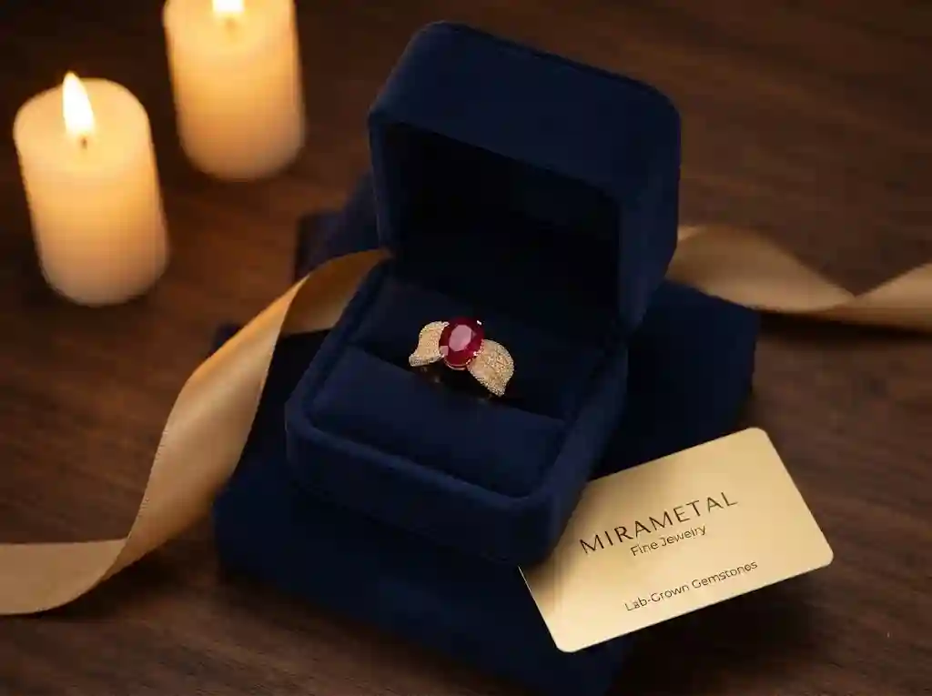 Lab Grown Oval Gemstone Ring 925 Sterling Silver - MIRAMETAL premium navy velvet gift box packaging gold satin ribbon unboxing experience