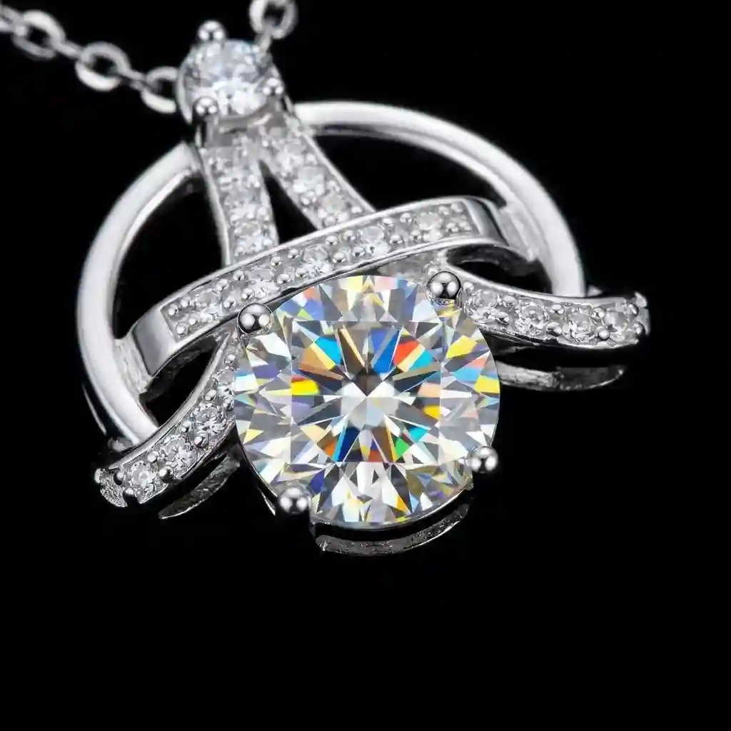 Macro close-up of Eiffel Tower Moissanite Necklace pendant with D-color VVS1 fire and 925 silver lattice detail, MIRAMETAL