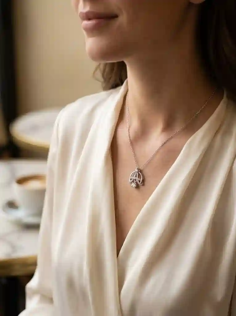 Woman wearing Eiffel Tower Moissanite Necklace with D-color VVS1 pendant in natural light lifestyle scene, MIRAMETAL