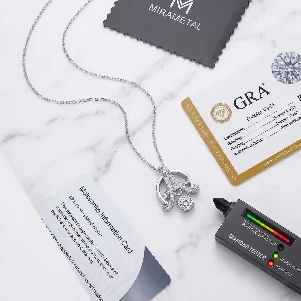 Eiffel Tower Moissanite Necklace with GRA certificate and diamond tester verifying D-color VVS1 moissanite, MIRAMETAL