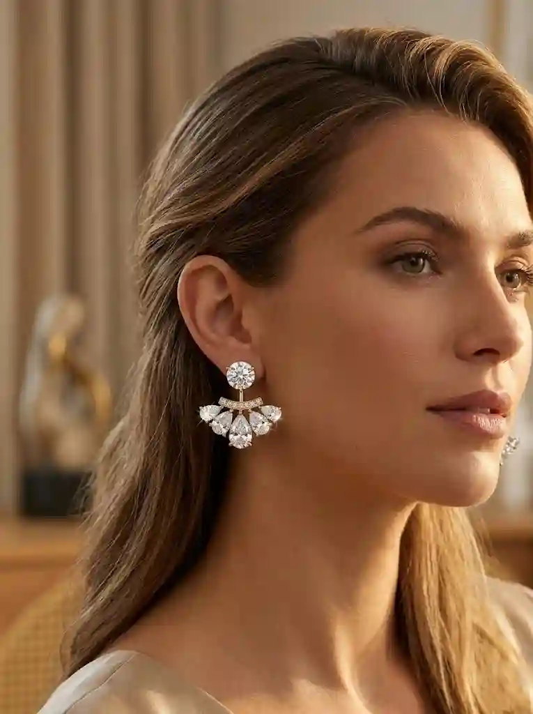 jewelry trends 2026 wholesale A woman in her 30s wearing a pair of peacock-fan-shaped moissanite drop earrings. Hair swept to one side MIRAMETAL
