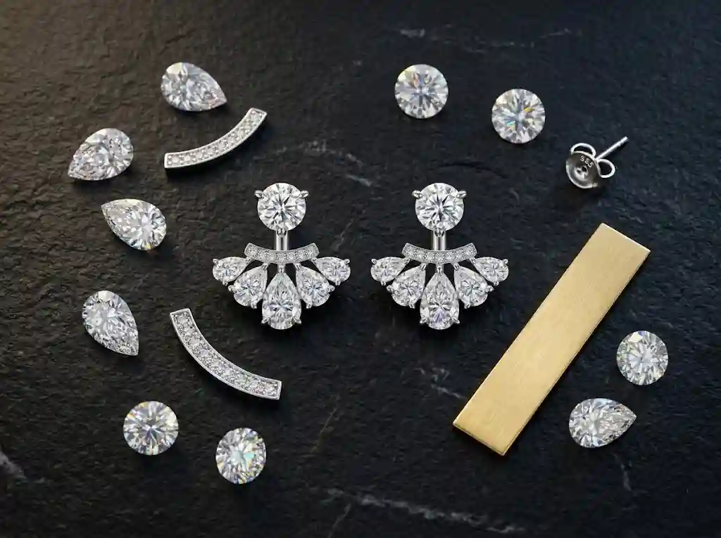moissanite jewelry wholesale Flat lay composition of peacock-fan moissanite earring materials: the earring pair centered, surrounded by MIRAMETAL