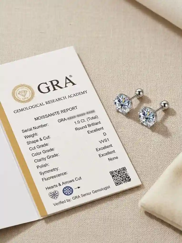 GRA certificate for GRA certified moissanite stud earrings D-color VVS1 with unique serial number verifying authenticity