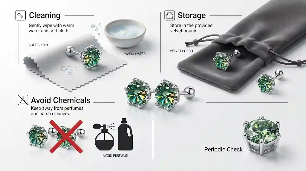 Care guide for GRA certified moissanite stud earrings showing cleaning with soft cloth warm water and storing in pouch