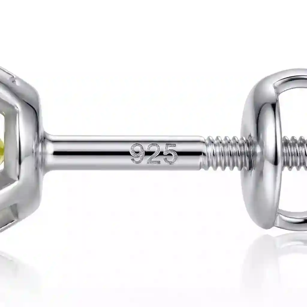 Close-up of rhodium-plated 925 sterling silver post and screw-back on hypoallergenic GRA certified moissanite stud earrings