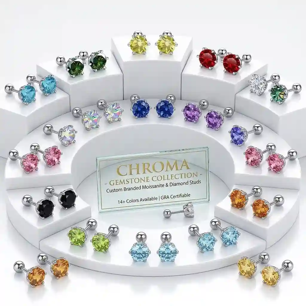 Wholesale bulk packaging and custom branding for GRA certified moissanite stud earrings including logo box and GRA card for retailers