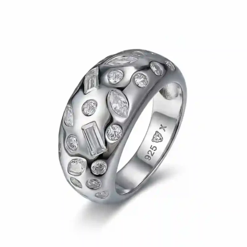 MIRAMETAL 18375 Multi-Cut Diamond Dome Ring wide chunky band baguette marquise round CZ stones rhodium-plated 925 silver organic bezel setting
