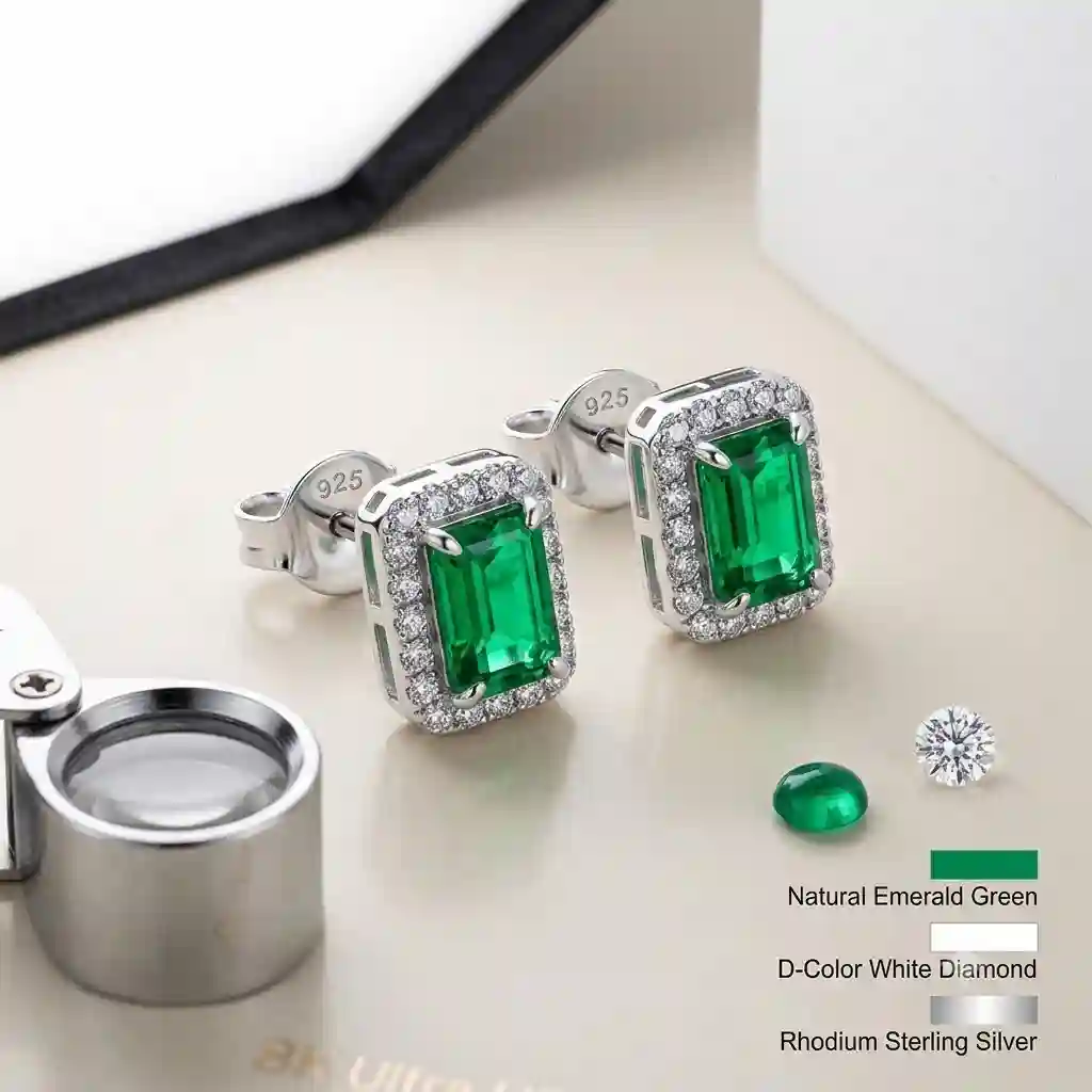 emerald halo earrings specifications 925 silver