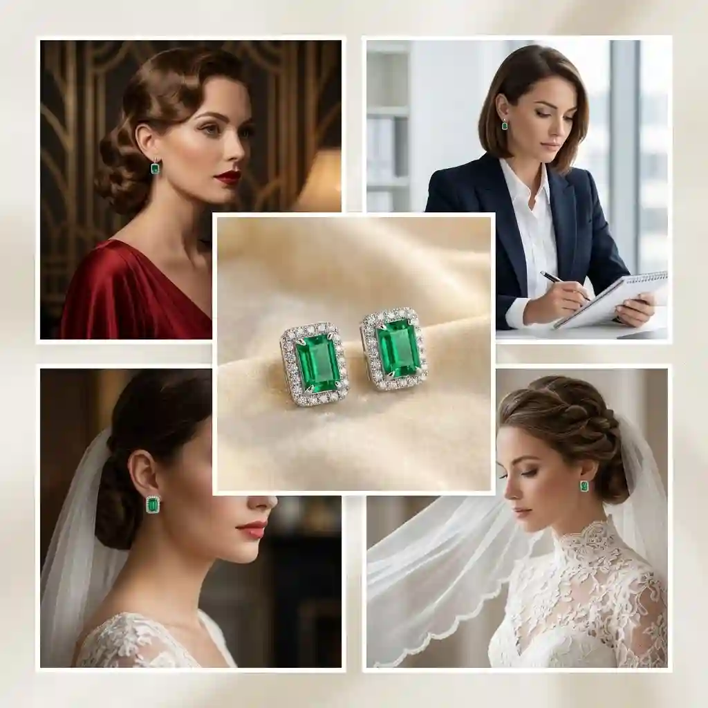emerald halo earrings diamond halo setting