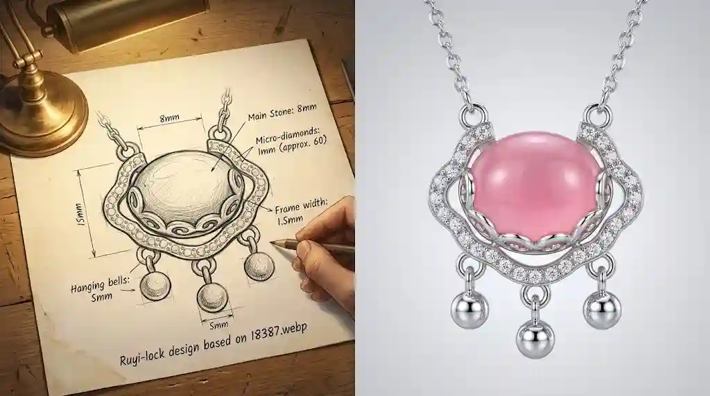 Sketch of the Ruyi-lock design with annotations, alongside the finished pendant.