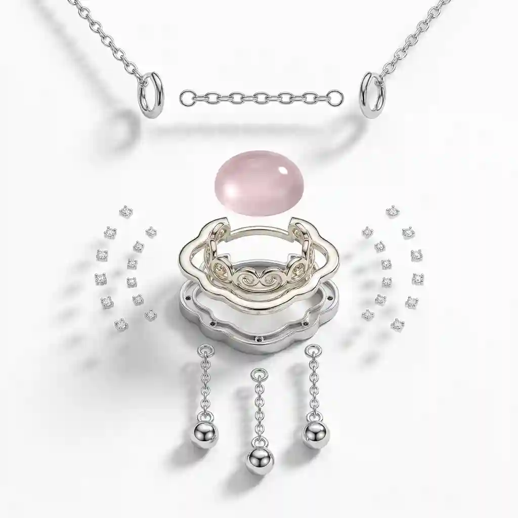 Exploded view showing pink stone, silver-white-gold frame, and micro-diamonds.