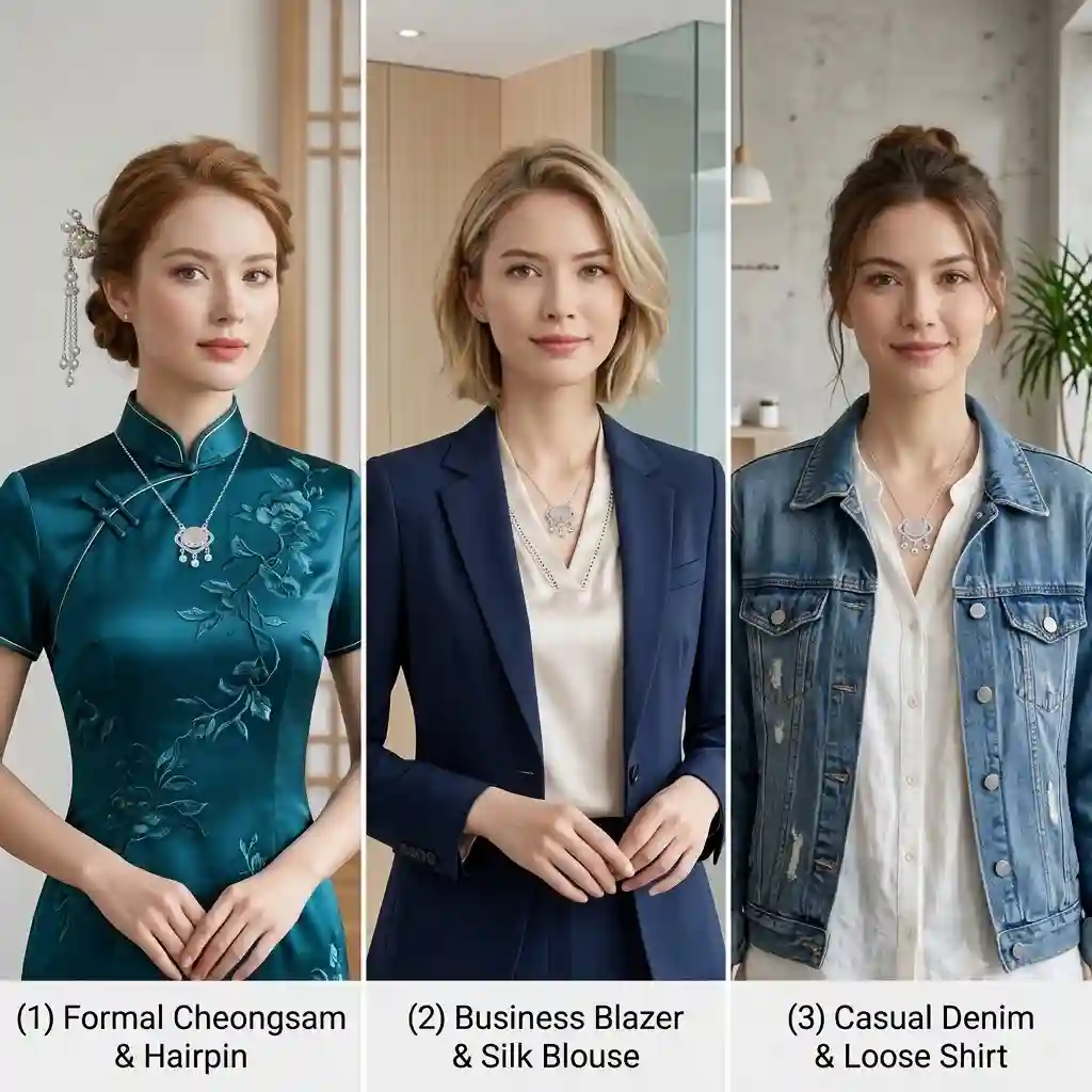 Three styling scenarios: formal cheongsam, business casual, modern streetwear.