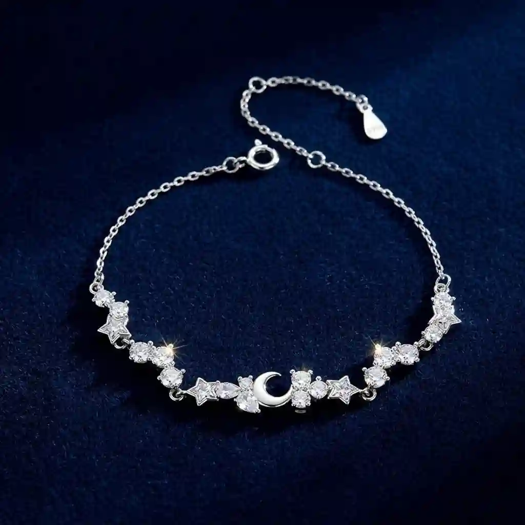 S999 pure silver star moon bracelet with white gold finish, celestial star and crescent moon charms, synthetic cubic zirconia sparkle