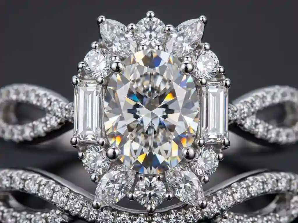 Oval Moissanite Ring closeup floral U-shaped band with 5x7mm oval moissanite center stone - more brilliant than diamond