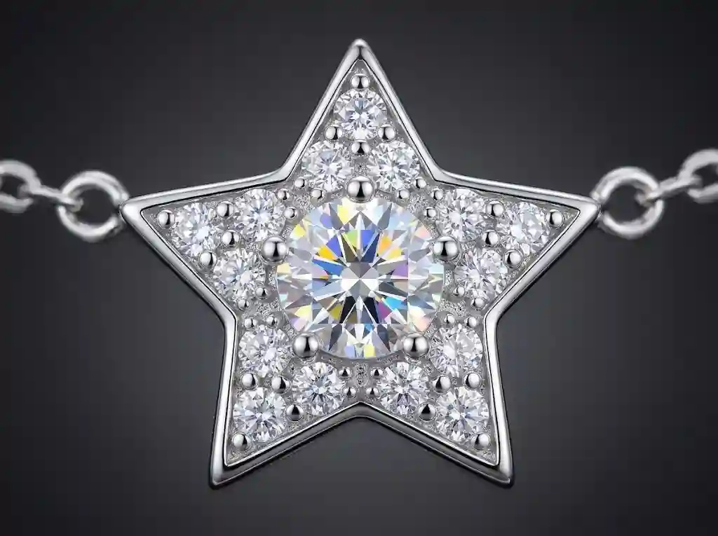 Extreme macro close-up of star charm on S999 silver star moon bracelet, cubic zirconia center stone brilliant sparkle, white gold plating texture