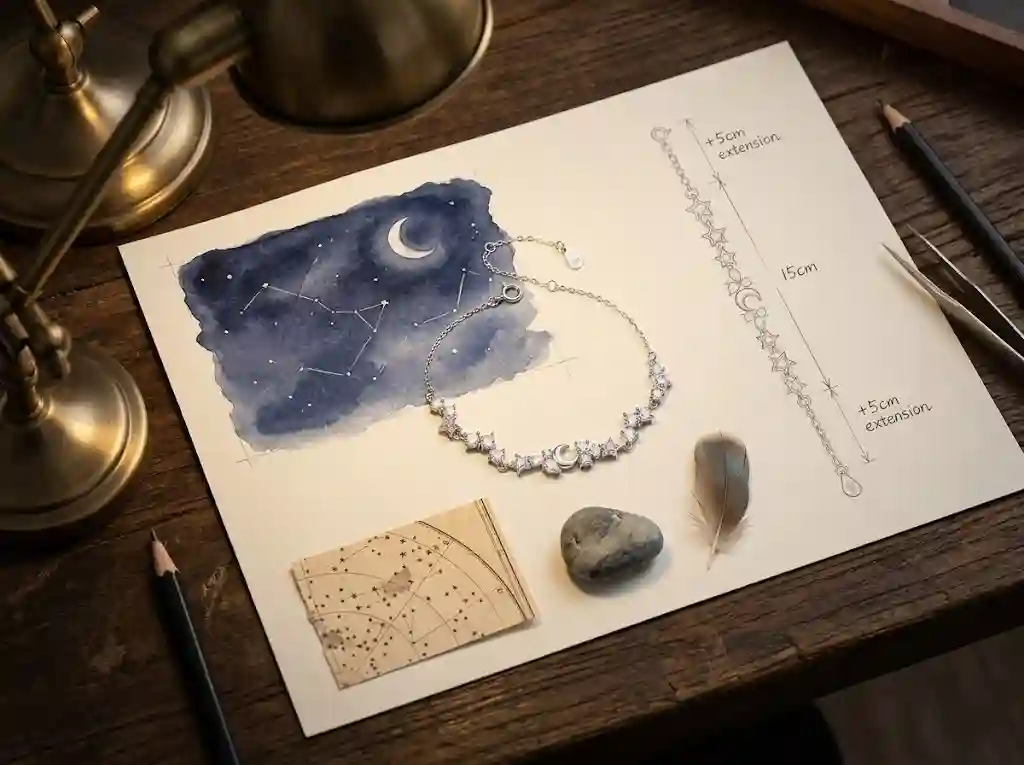 Design inspiration moodboard for star moon bracelet with night sky constellation sketch, crescent moon watercolor, finished S999 silver bracelet