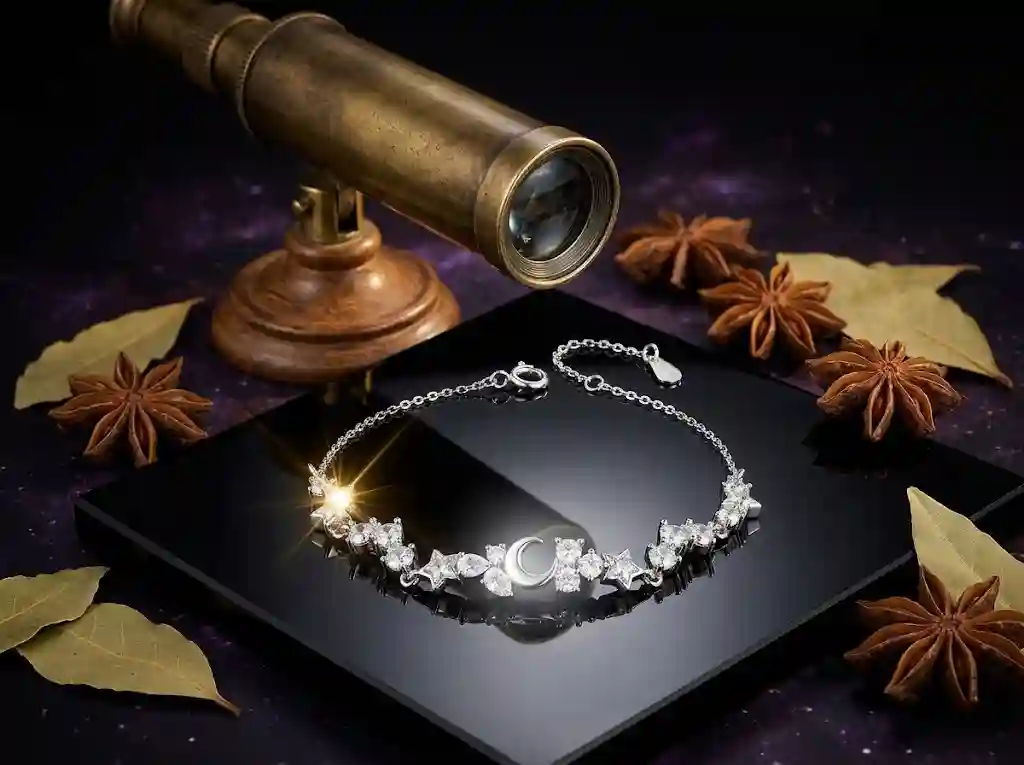 S999 silver star moon bracelet on dark celestial background, star symbolizing ambition and guidance, crescent moon representing intuition and grace