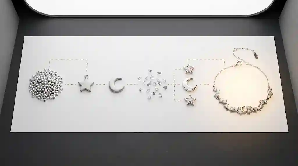 Exploded view of S999 silver star moon bracelet components: star charm, moon charm, CZ stones, chain, clasp