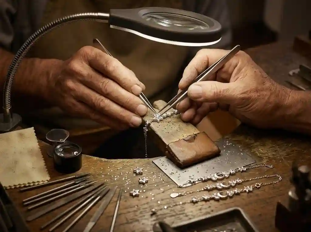 Skilled artisan hands setting cubic zirconia into S999 silver star charm for star moon bracelet, workshop bench with jeweler tools