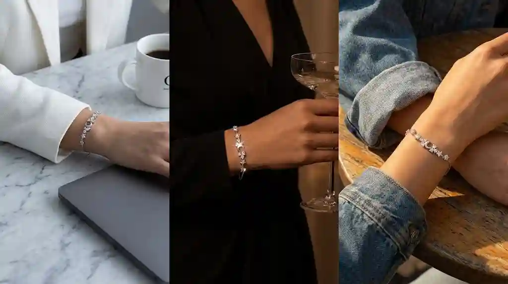 Three styling looks with S999 silver star moon bracelet: office blazer chic, evening cocktail glamour, casual weekend minimalist