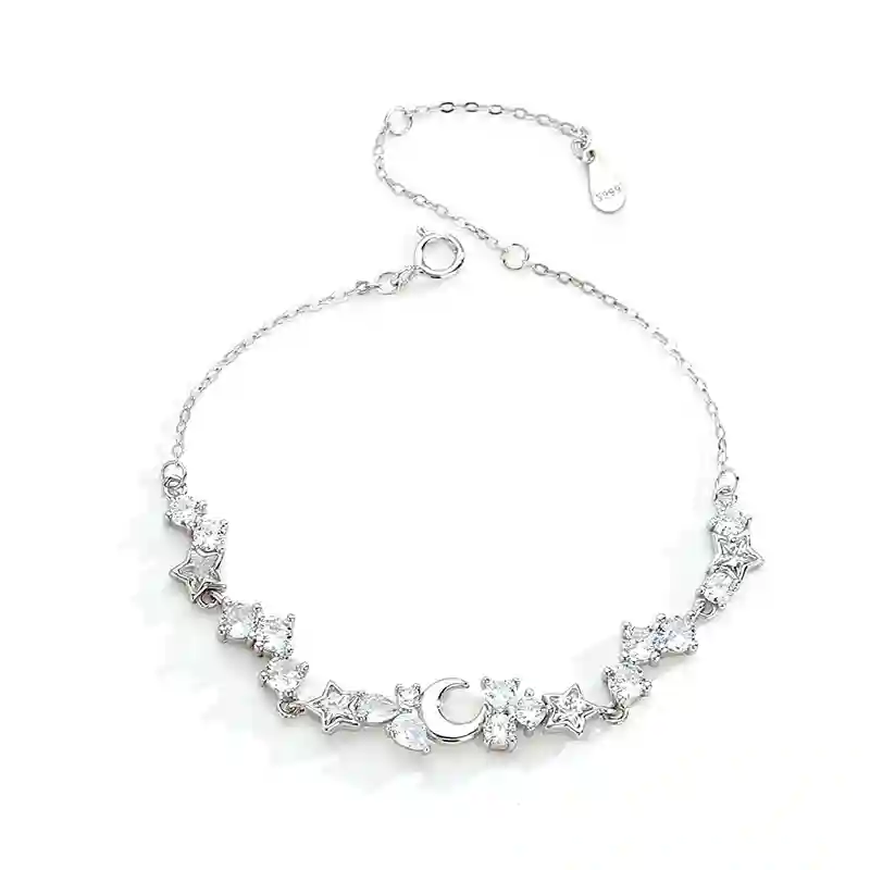 S999 pure silver star moon bracelet with white gold finish, celestial star and crescent moon design, handcrafted jewelry wholesale