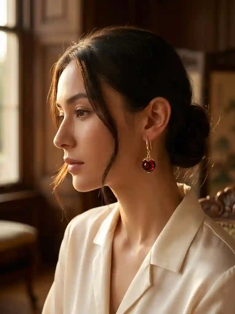 blood amber earrings on-model — elegant woman wearing Moonlight Magic blood amber earrings with flowing hair