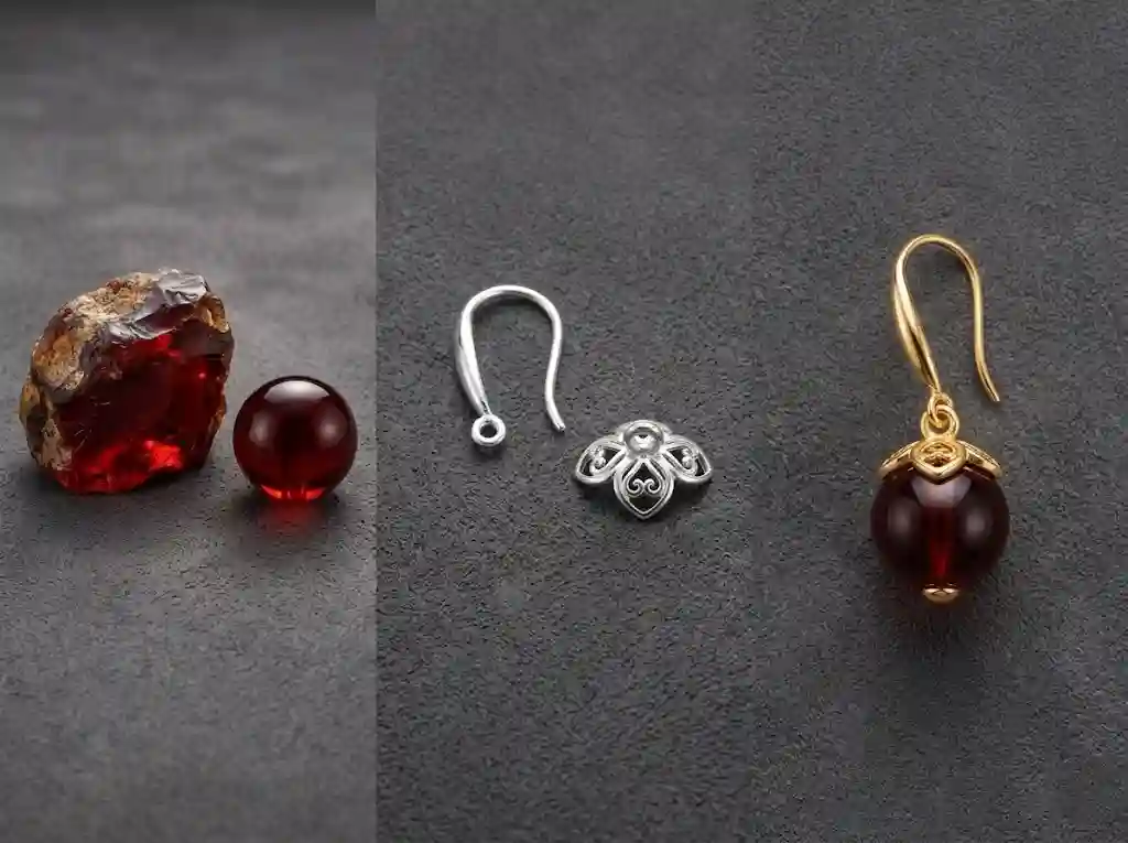 blood amber earrings materials — 925 sterling silver base, 18K gold plating, natural blood amber gemstone detail breakdown