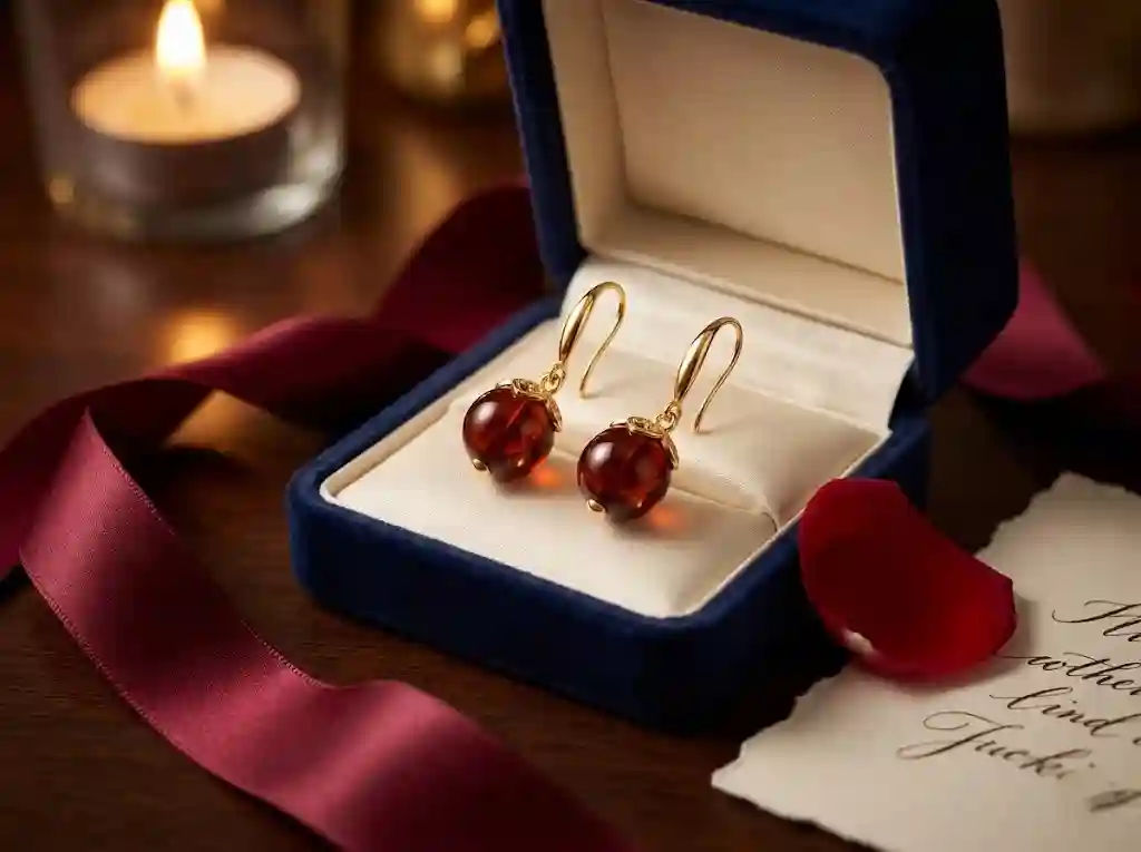 blood amber earrings gift packaging — MIRAMETAL luxury navy velvet jewelry box with gold ribbon presentation