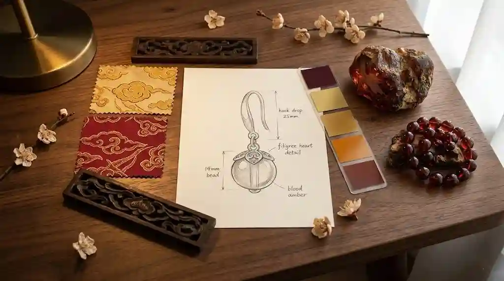 blood amber earrings design inspiration — Chinese cloud motifs, vintage ruyi patterns, and raw amber specimens