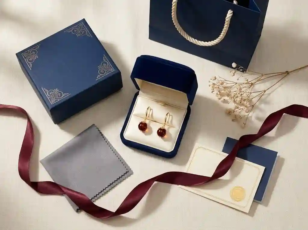 blood amber earrings luxury unboxing — MIRAMETAL branded velvet box with gold ribbon, authentication card, polishing cloth, and gift bag set