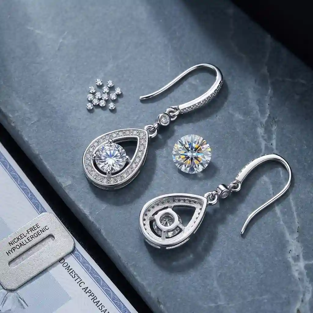 moissanite jewelry wholesale S925 sterling silver teardrop earring rhodium plating polished finish moissanite clarity loose stone besid MIRAMETAL