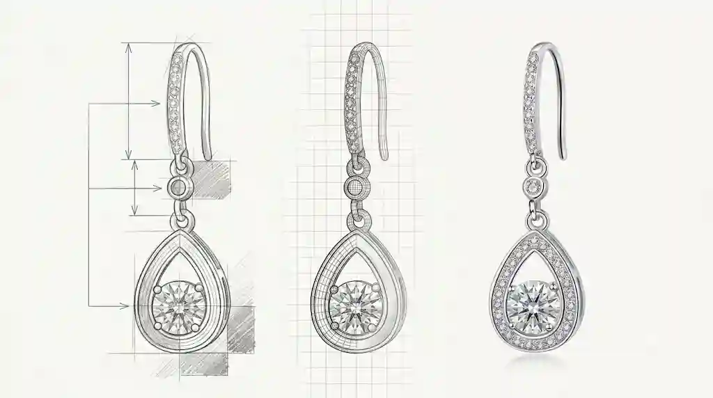 Moissanite drop earrings hero image 925 sterling silver teardrop design