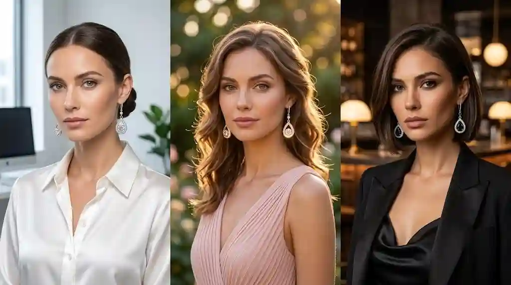 Moissanite drop earrings styling guide on model