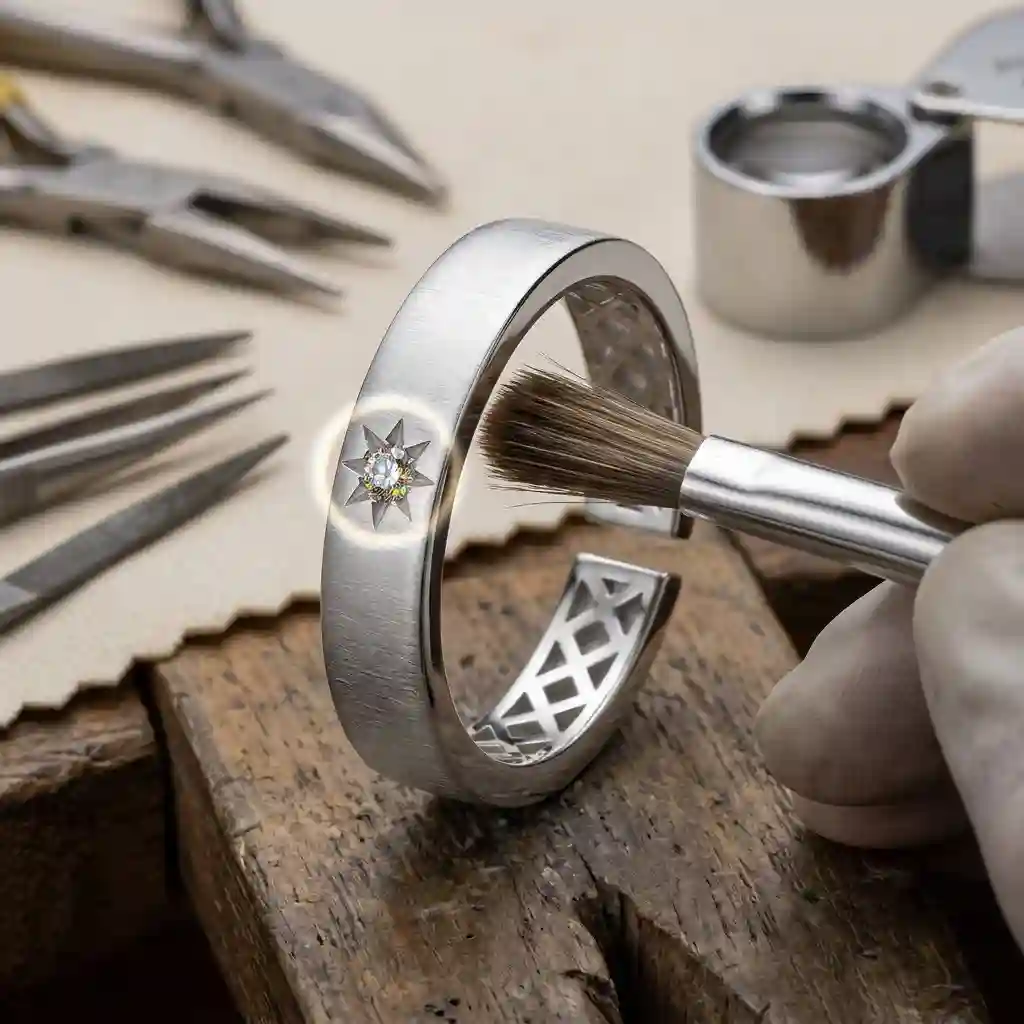silver star ring hand-applied brushed finish and stone setting details