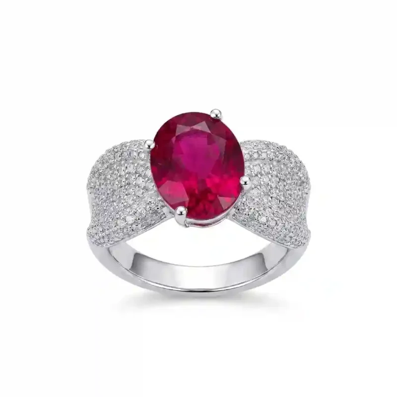Lab Grown Oval Gemstone Ring 925 Sterling Silver - MIRAMETAL Ruby Red oval-cut 3ct lab-created gemstone ring S925 gold-plated micro-pavé band featured product image