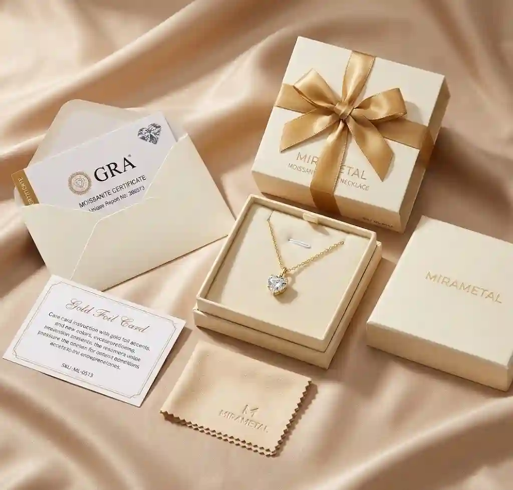Complete packaging set ML-0513 MIRAMETAL moissanite heart necklace gift box GRA certificate care card polishing cloth luxury presentation