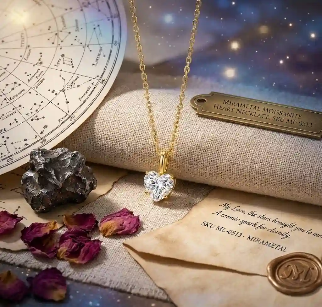 Design story ML-0513 MIRAMETAL moissanite heart necklace inspired by stardust celestial origins and romantic heart symbolism